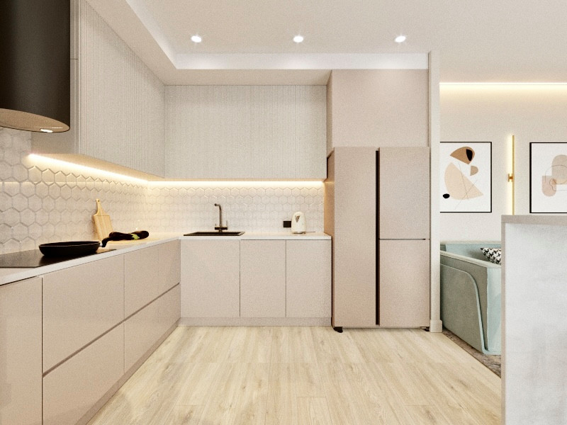 "Нотки Ментола" в кухни-гостиной для молодой пары в ЖК Лесопарковый