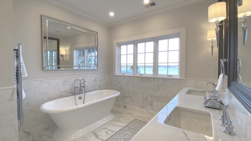 Mid-sized transitional master yellow tile and marble tile marble floor, gray floor and double-sink open shower photo in Boston with recessed-panel cabinets, white cabinets, a one-piece toilet, white walls, an undermount sink, marble countertops, gray countertops and a built-in vanity