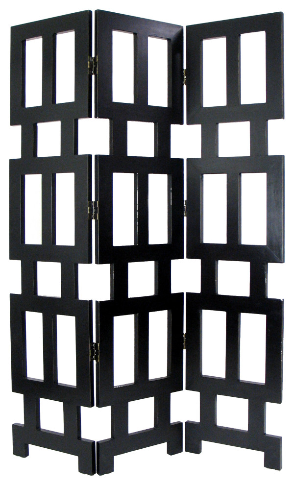 Wooden 3 Panel Room Divider with Rectangular Cut Outs, Black