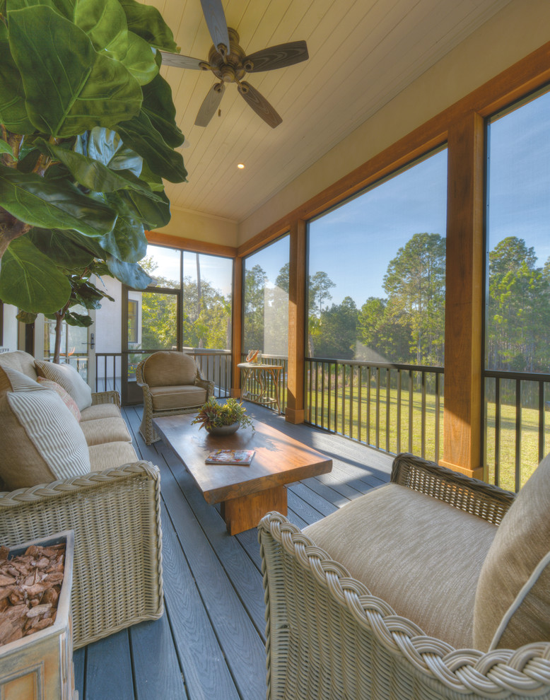 This is an example of a beach style screened-in verandah in Jacksonville with decking and a roof extension.