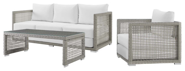 Modern Outdoor Sofa, Chair and Coffee Table Set, Rattan Fabric, Grey Gray White