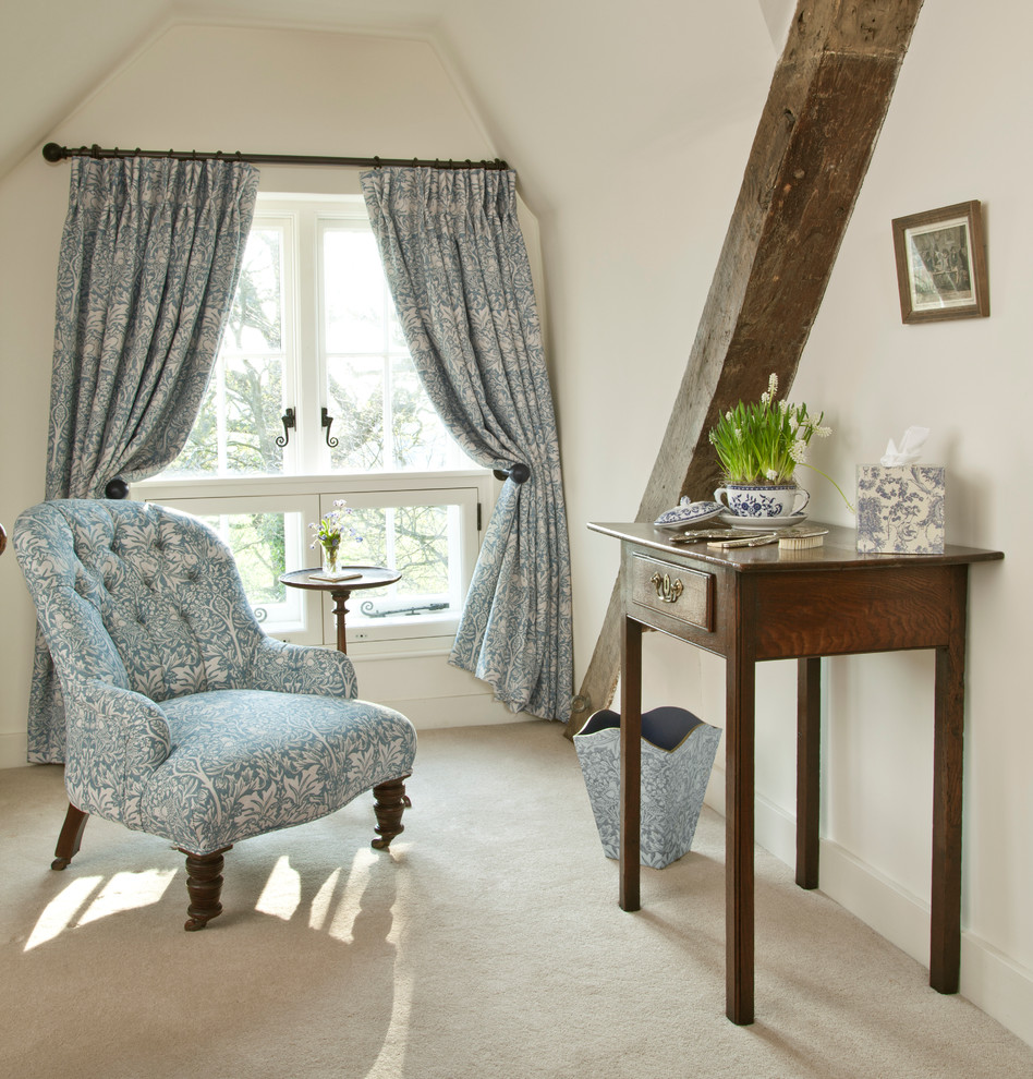 Design ideas for a country guest bedroom in London with carpet and white walls.