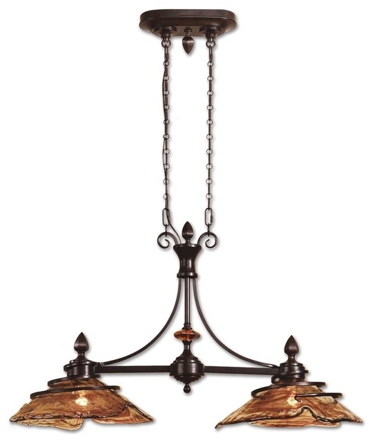 42" Wrought Iron and Glass Bronze Kitchen Island Chandelier, 2Light