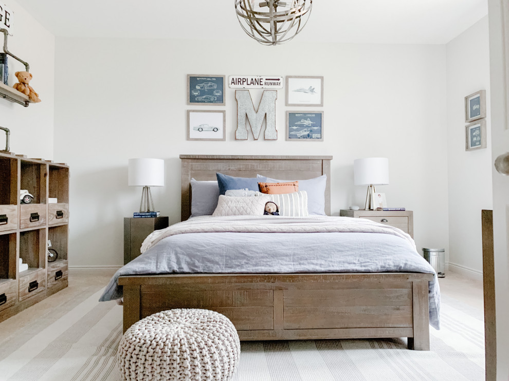 Mid-sized urban carpeted and beige floor bedroom photo in Detroit with gray walls