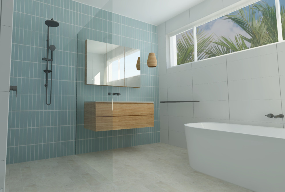 Inspiration for a mid-sized beach style master bathroom in Other with medium wood cabinets, a corner tub, an open shower, a wall-mount toilet, blue tile, subway tile, white walls, travertine floors, an integrated sink, engineered quartz benchtops, beige floor, an open shower and white benchtops.