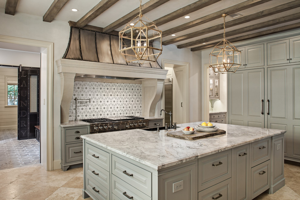 Inspiration for a mid-sized traditional kitchen in Houston with a farmhouse sink, grey cabinets, quartzite benchtops, grey splashback, panelled appliances, with island, beige floor, grey benchtop and raised-panel cabinets.