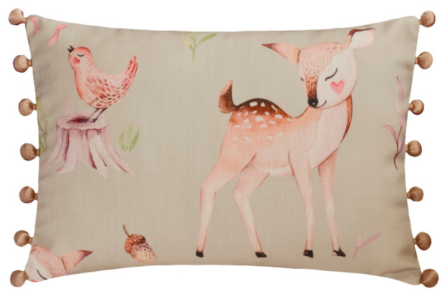 Beige Cotton 12"x16" Lumbar Pillow Cover Nursery, Kids, Pom Pom - Bambi Dreams