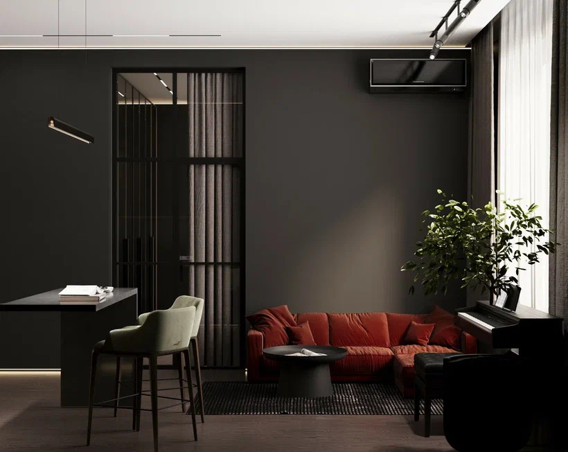 Квартира 54 м² для молодого человека в темных тонах с яркими акцентами