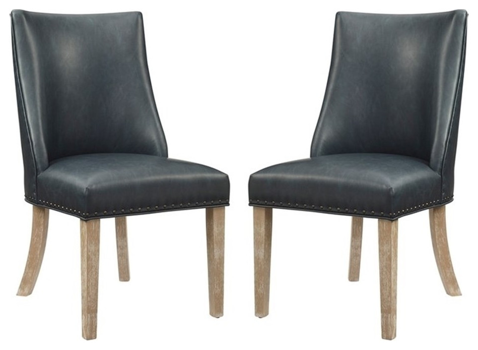 Linon Hale 19.5"H Faux Leather Dining Chair in Dark Navy Blue Set of 2