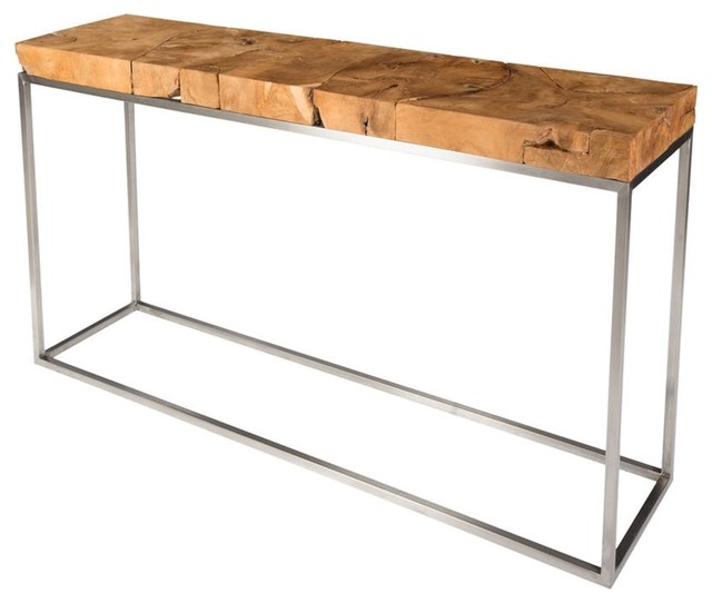 60 Long Teak Console Stainless Steel Base Wood Brown 60 Long Teak Console Stainless Steel Base Wood Brown