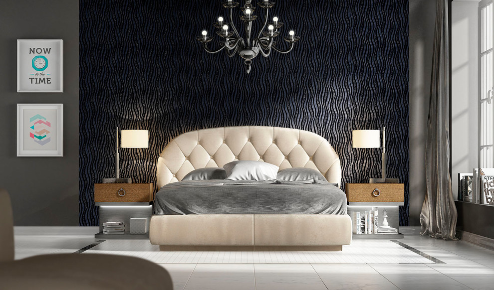 Inspiration for a contemporary master bedroom in Miami with black walls, porcelain floors and grey floor.