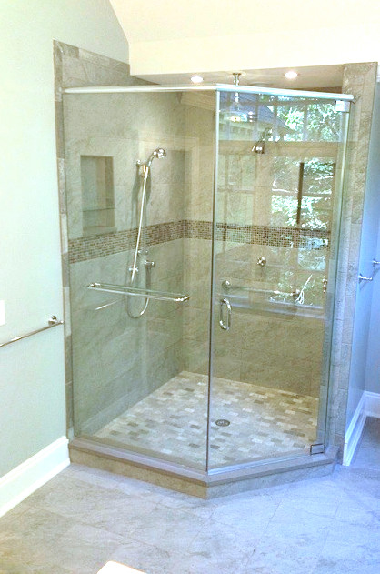 Design ideas for a large eclectic master bathroom in Raleigh with a corner shower, multi-coloured tile, ceramic tile, green walls and ceramic floors.