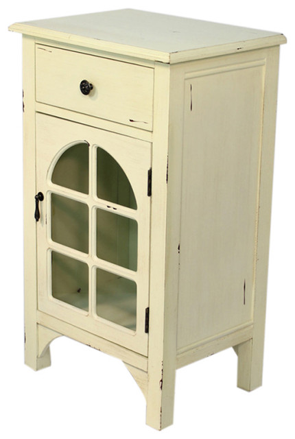 Antique White Wood Clear Glass Accent Cabinet With A Drawer And