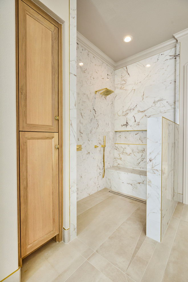 Walk-in shower - transitional walk-in shower idea in Dallas with a niche