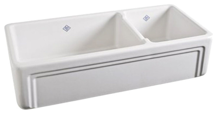 Rohl RC4018WH Shaws Original Double Basin Fireclay Kitchen Sink, White, 18-1/2"