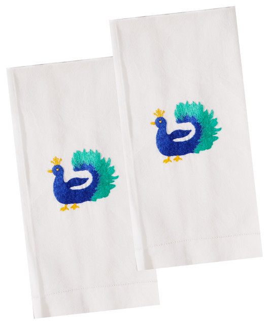 Embroidered Guest Towels, Peacock, Set of 2