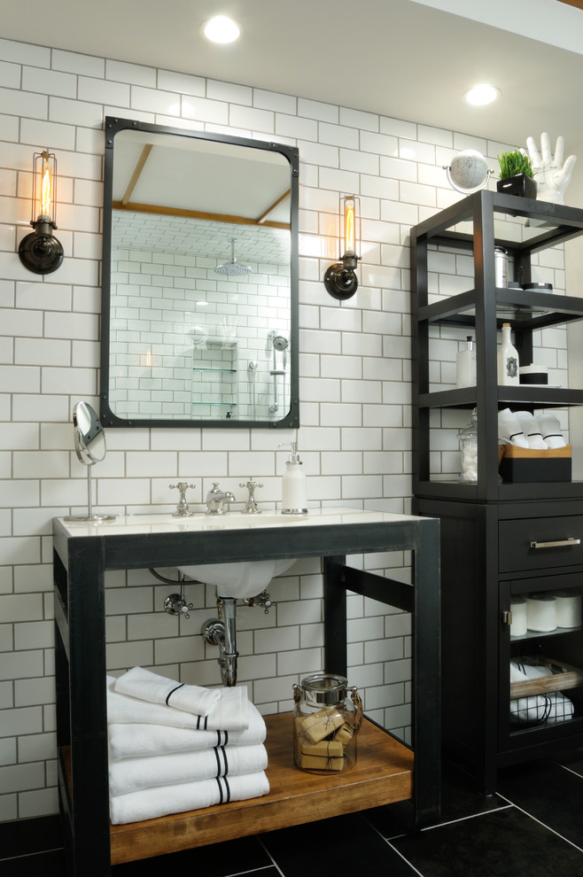 Urban white tile and subway tile bathroom photo in Edmonton with a console sink