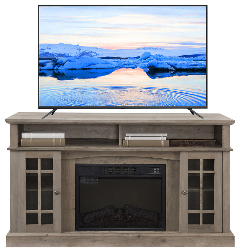 Classic TV Stand With Fireplace Gray Wash Transitional