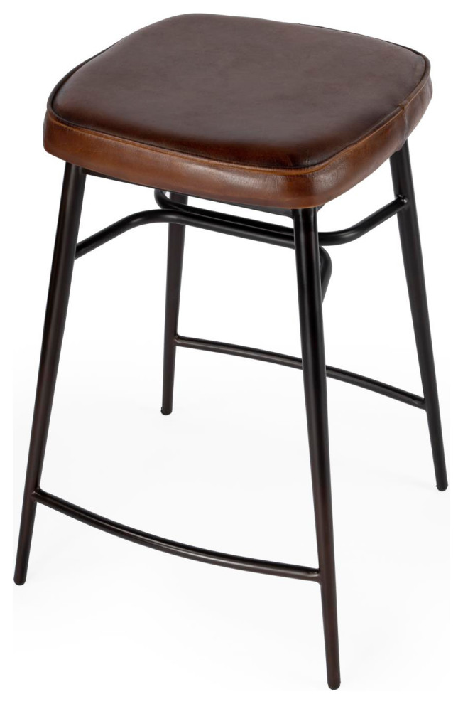 Butler Modern Arlington Square Leather Counter Stool With Brown Finish