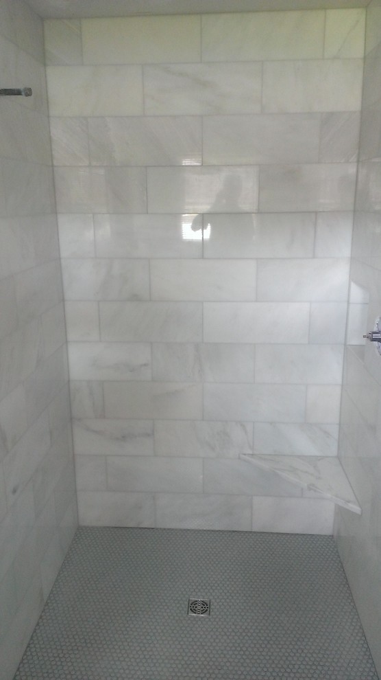 BATHROOM - Calcutta Gold Marble Shower / Gray Penny Tile Floor ...