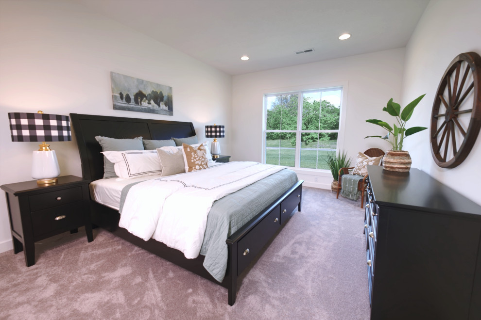 Mid-sized farmhouse master carpeted and gray floor bedroom photo in Louisville with white walls