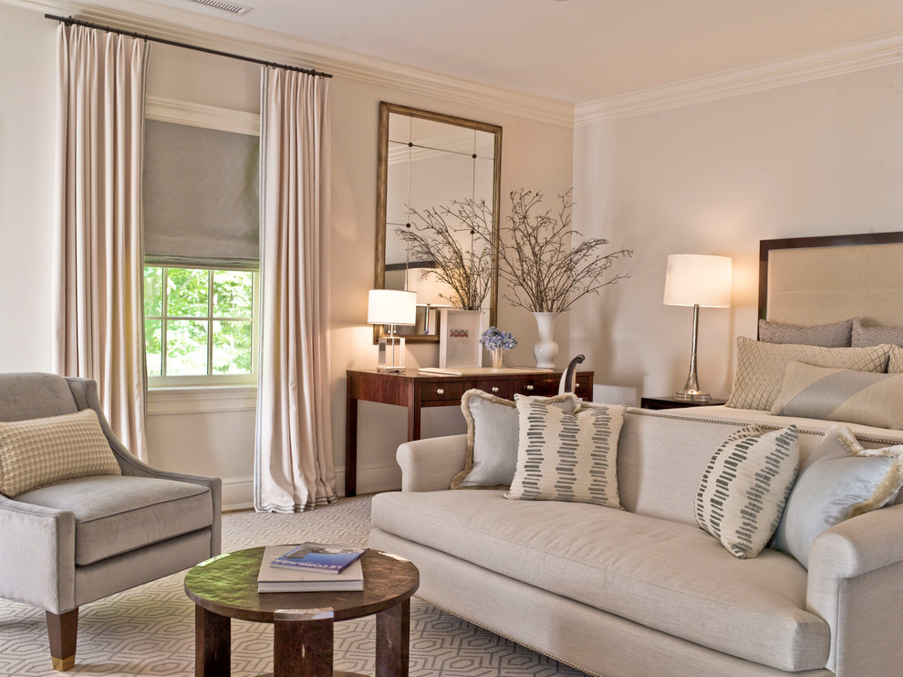 Inspiration for a transitional master bedroom in Dallas with beige walls, carpet and beige floor.