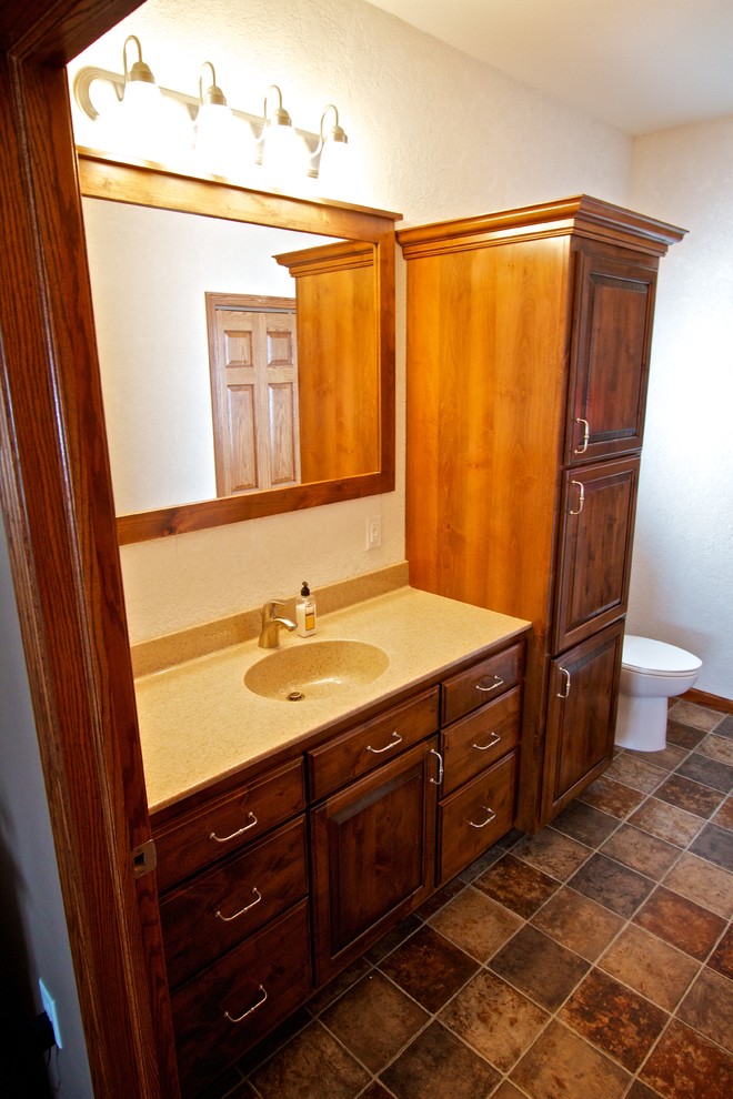 Inspiration for a large master bathroom remodel with recessed-panel cabinets
