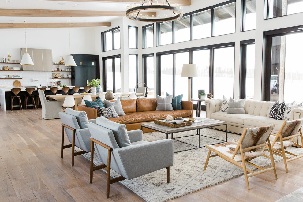 Inspiration for a transitional open concept living room in Salt Lake City with white walls.