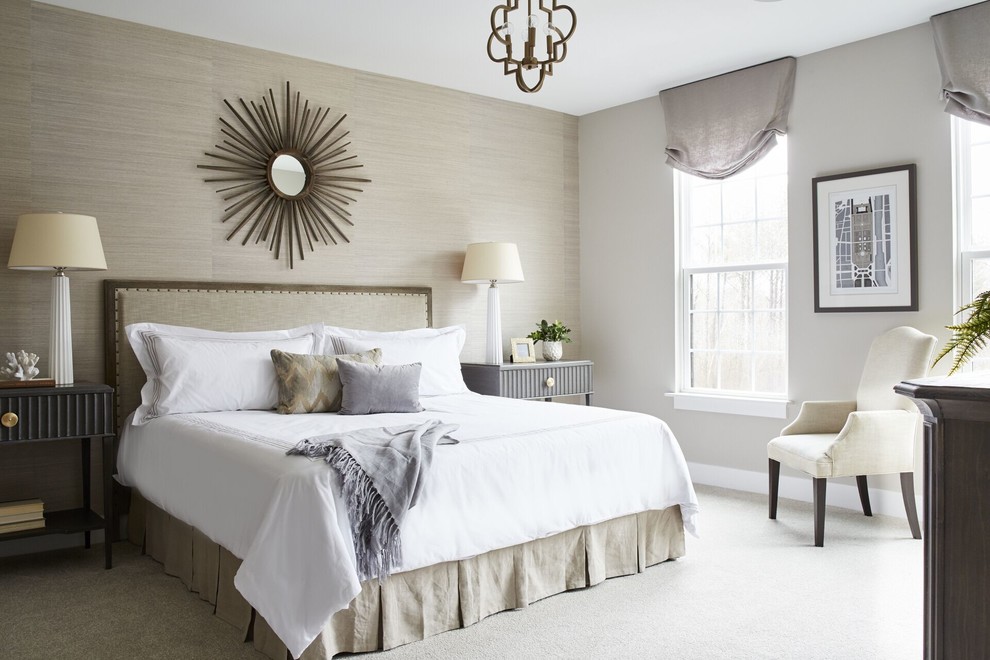 Transitional carpeted and beige floor bedroom photo with beige walls