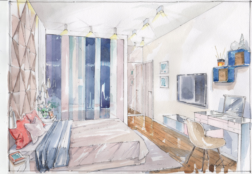 Акварельные эскизы к проекту. Дизайн проект квартиры в современном стиле.