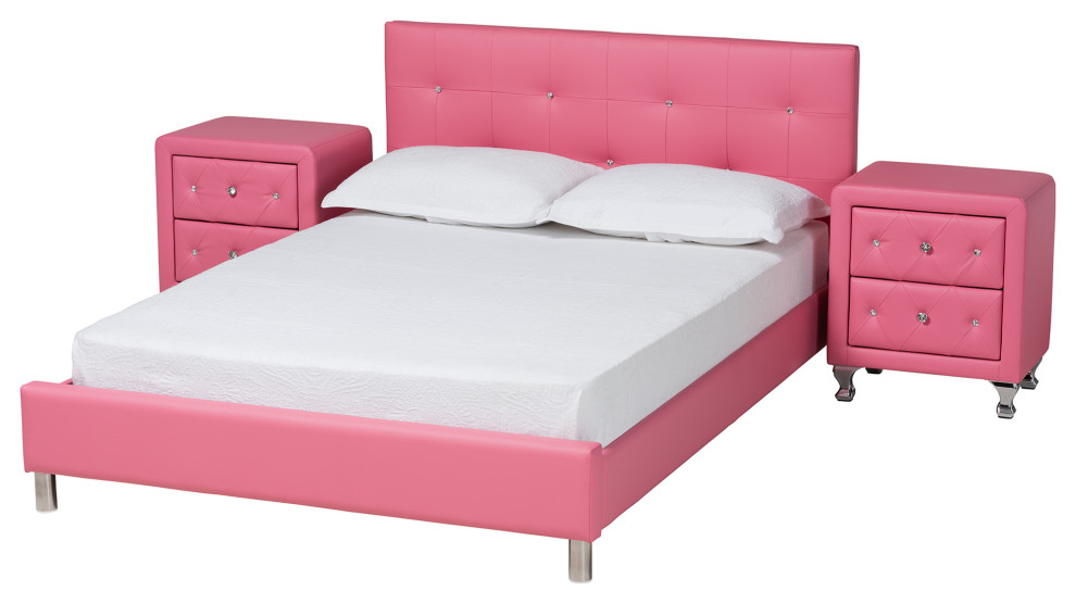 Tiffani Pink Faux Leather Full Size 3Piece Bedroom Set Contemporary Bedroom Furniture Sets