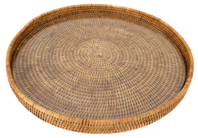 Artifacts Rattan™ Round Serving-Ottoman Tray with Glass Insert, Honey Brown, 19" Diameter