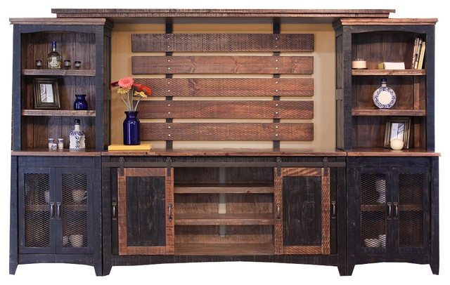 Greenview Sliding Barn Door Media Wall Unit Distressed Black Rustic Entertainment Centers And Tv Stands By Crafters Weavers Houzz - Entertainment Center Wall Unit With Doors