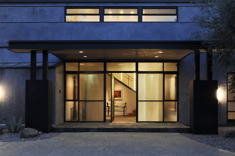 This is an example of a contemporary entryway in Boston with a pivot front door.