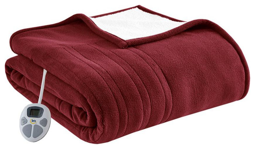 100% Polyester Fleece to Sherpa Heated Blanket, Burgundy, Queen size
