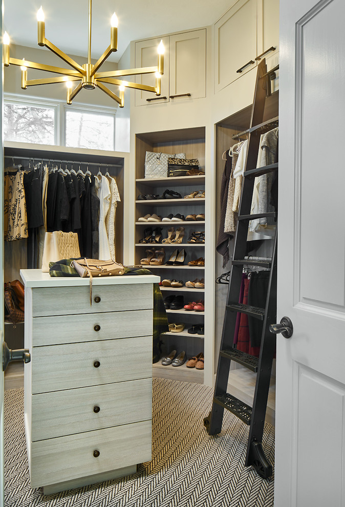 Photo of a large transitional women's walk-in wardrobe in Denver with open cabinets, white cabinets, carpet and multi-coloured floor.