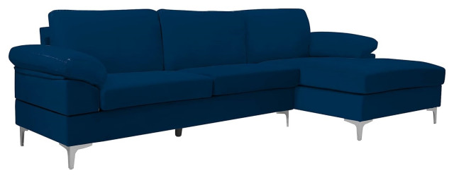 Elegant L-Shaped Sectional Sofa, Chrome Metal Feet & Oversized Chaise, Navy