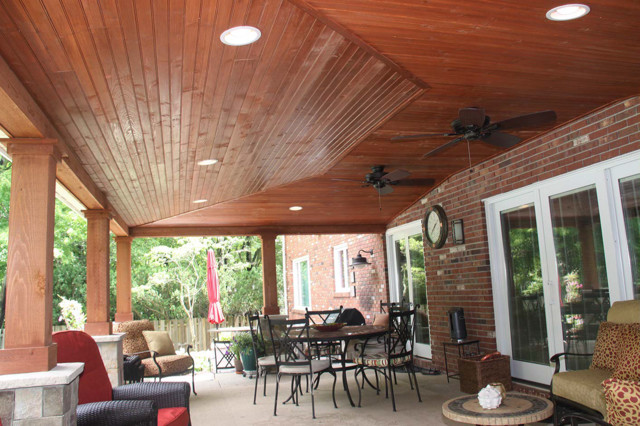 Covered Patio With Can Lights And Vaulted Ceiling Rustic Patio