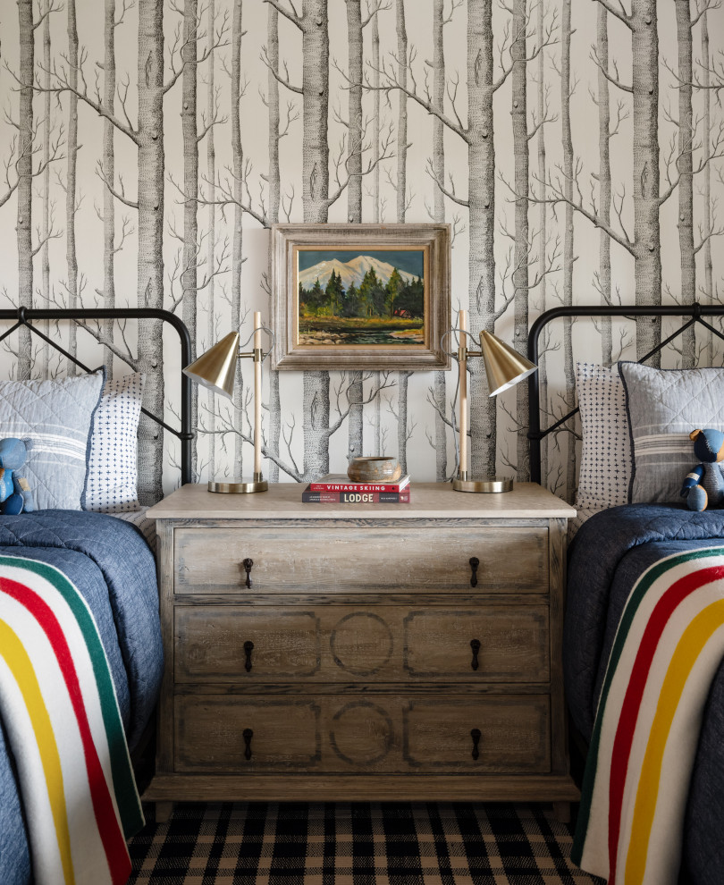 Inspiration for a rustic teen’s room in Portland Maine with wallpapered walls.
