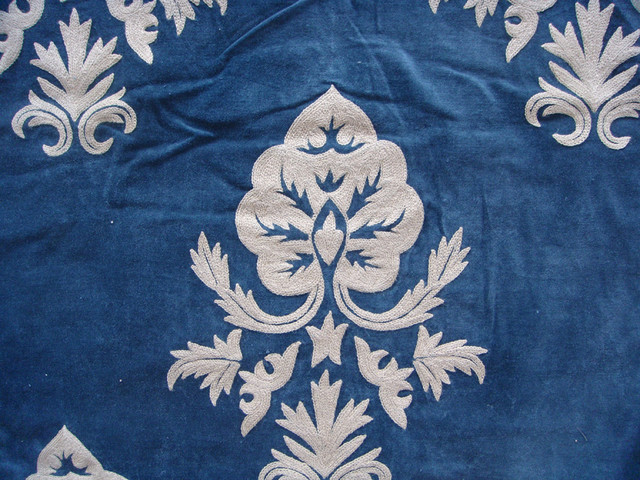 Crewel Fabric Konark White on Indigo Blue Cotton Velvet