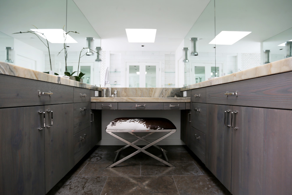 Design ideas for a large industrial master bathroom in San Diego with flat-panel cabinets, grey cabinets, marble benchtops, multi-coloured tile, stone tile, a drop-in tub, an open shower, a two-piece toilet, an undermount sink, white walls and limestone floors.