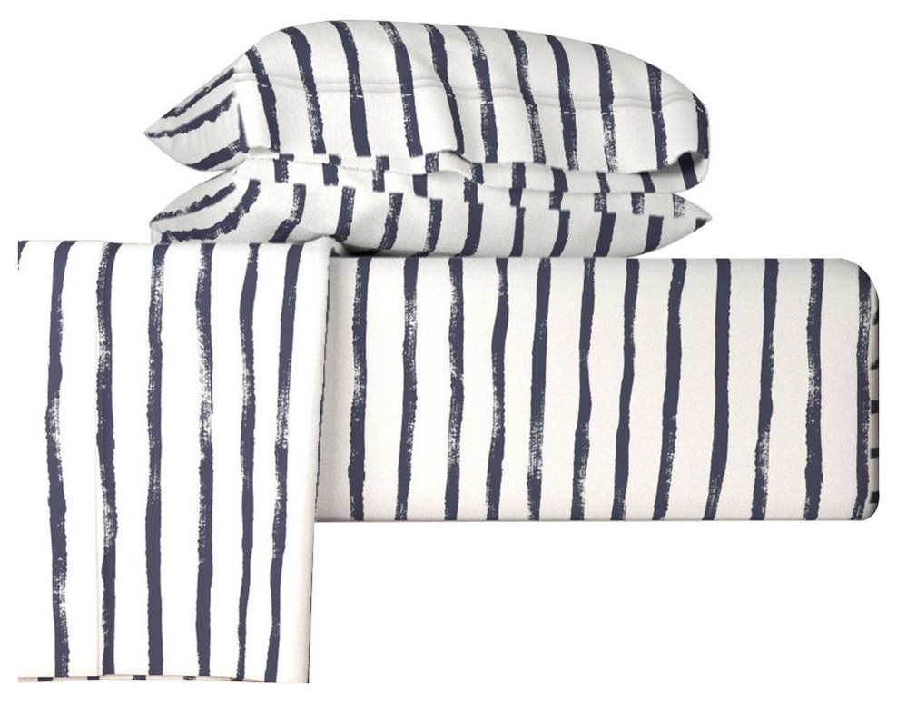 Thin Stripe Indigo Indigo Texture 4pc Cotton Sheet Set, Queen