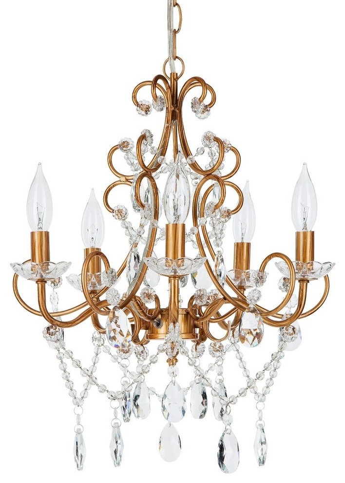 Theresa 5-Light Wrought Iron Crystal Chandelier, Gold