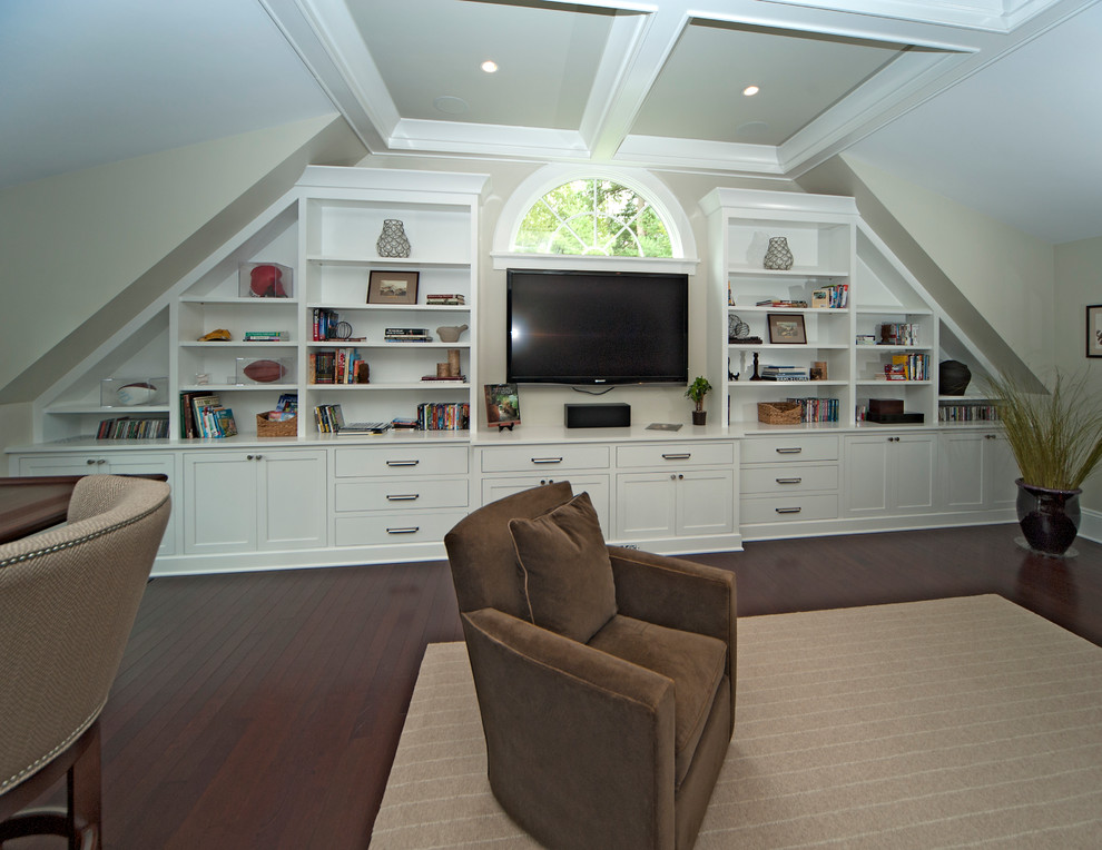 Design ideas for a large eclectic open concept family room in Boston with beige walls, dark hardwood floors and a built-in media wall.