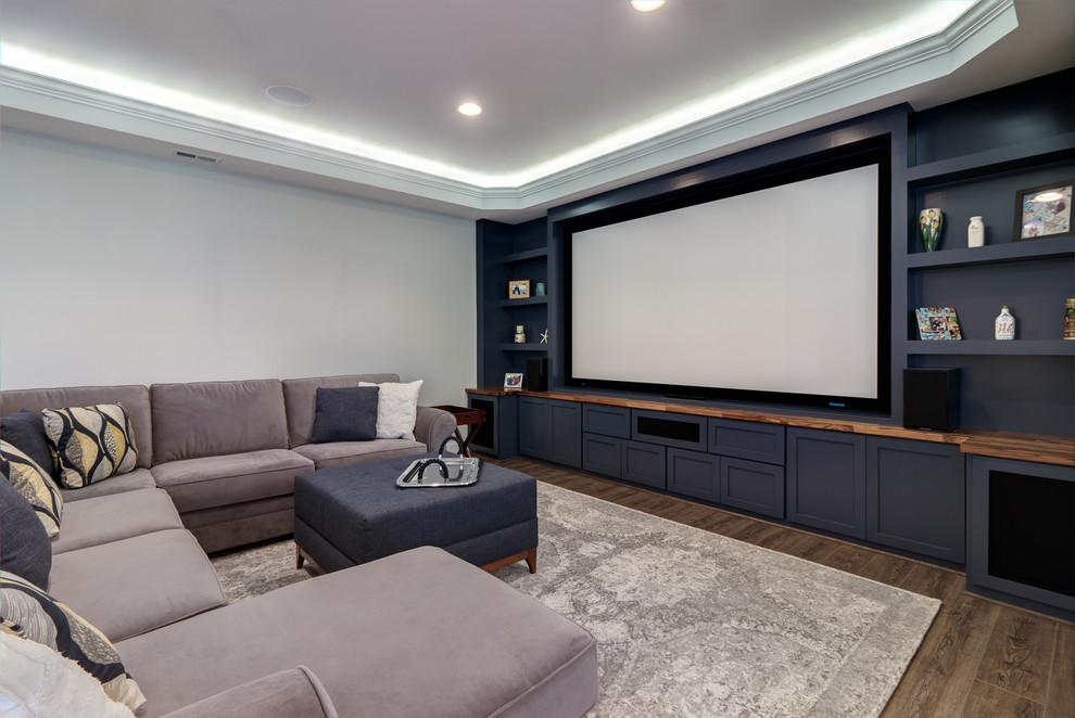 Design ideas for a mid-sized transitional home theatre in Raleigh with grey walls, linoleum floors and brown floor.