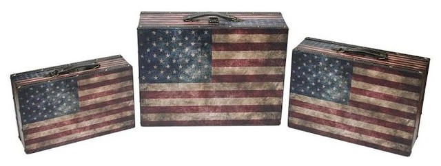 Rustic American Flag Decorative Storage Boxes Set Of 3