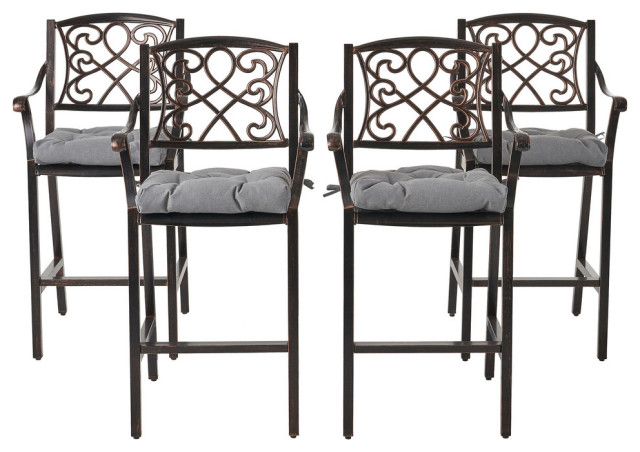 Sibyl Outdoor Barstool With Cushion, Set of 4, Shiny Copper/Charcoal