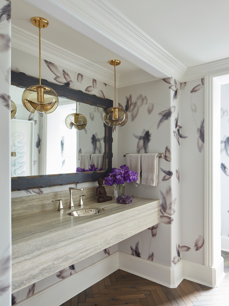 Bathroom - transitional dark wood floor and brown floor bathroom idea in Los Angeles with multicolored walls and an undermount sink