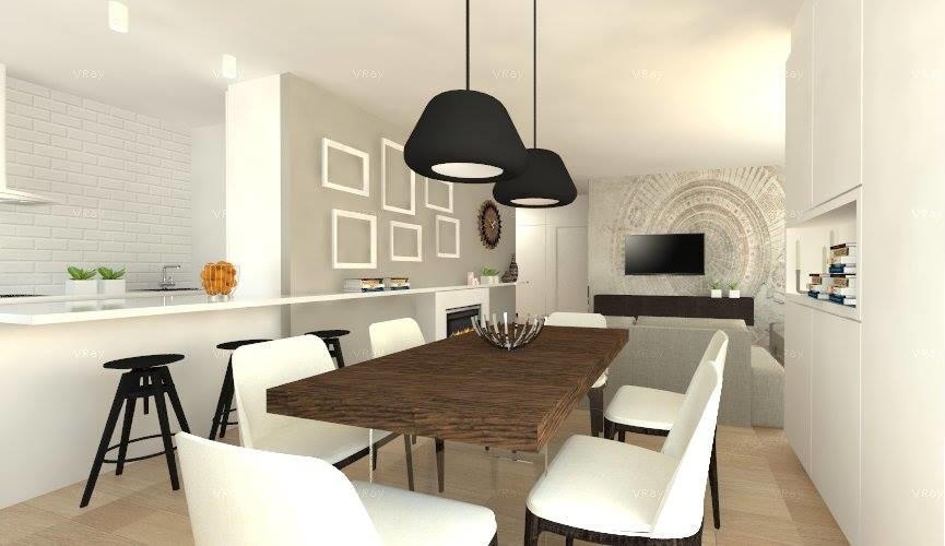 Transitional dining room in Melbourne with grey walls and brown floor.