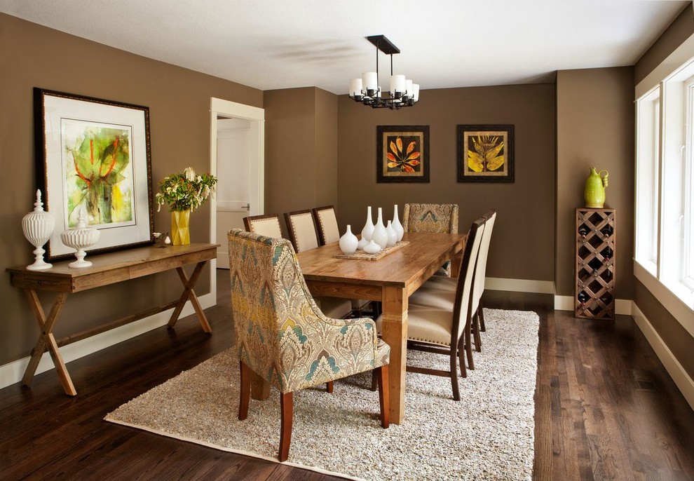 Inspiration for a mid-sized transitional separate dining room in Portland with brown walls, dark hardwood floors and no fireplace.